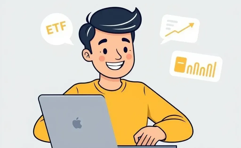 Illustration of a person happily researching tech ETFs on a laptop