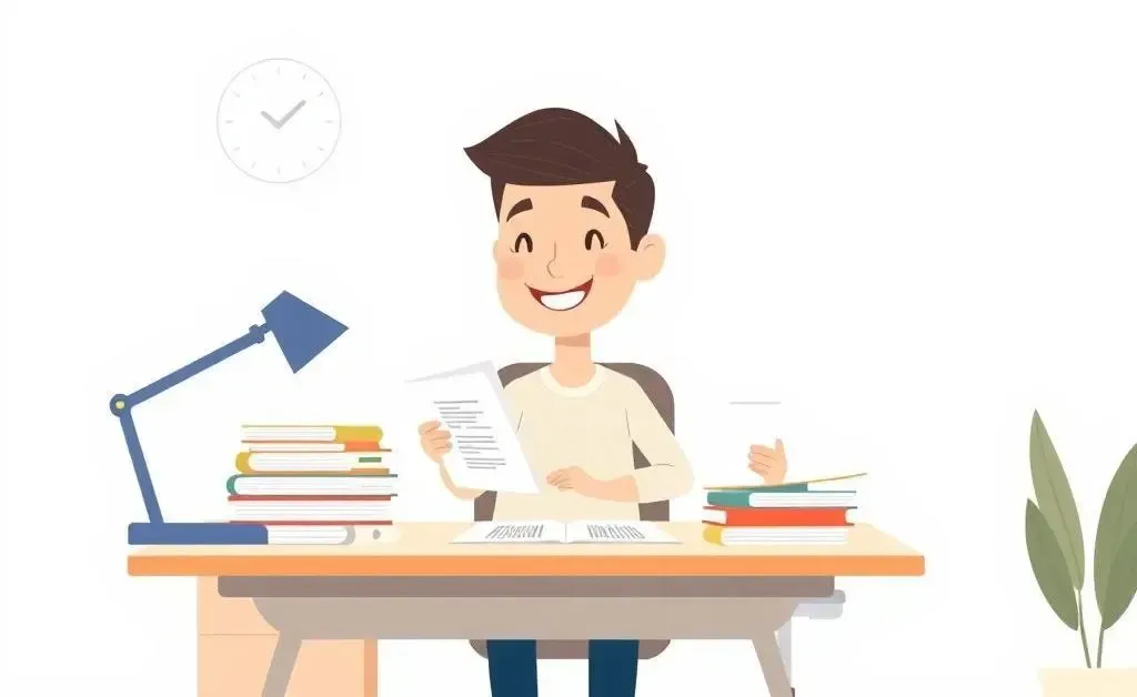 A cartoon-style image of a person happily organizing their finances at a desk