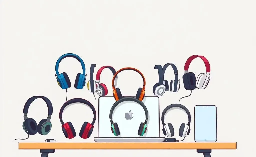 A selection of various headsets placed neatly around a laptop on a desk.