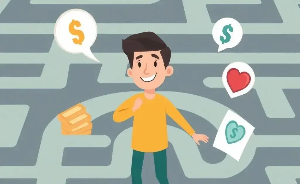 Person navigating a financial maze with health symbols