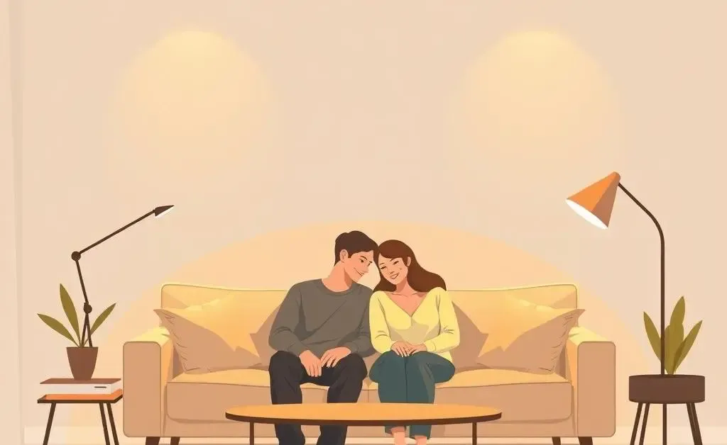 Couple having a comforting conversation in a cozy living room