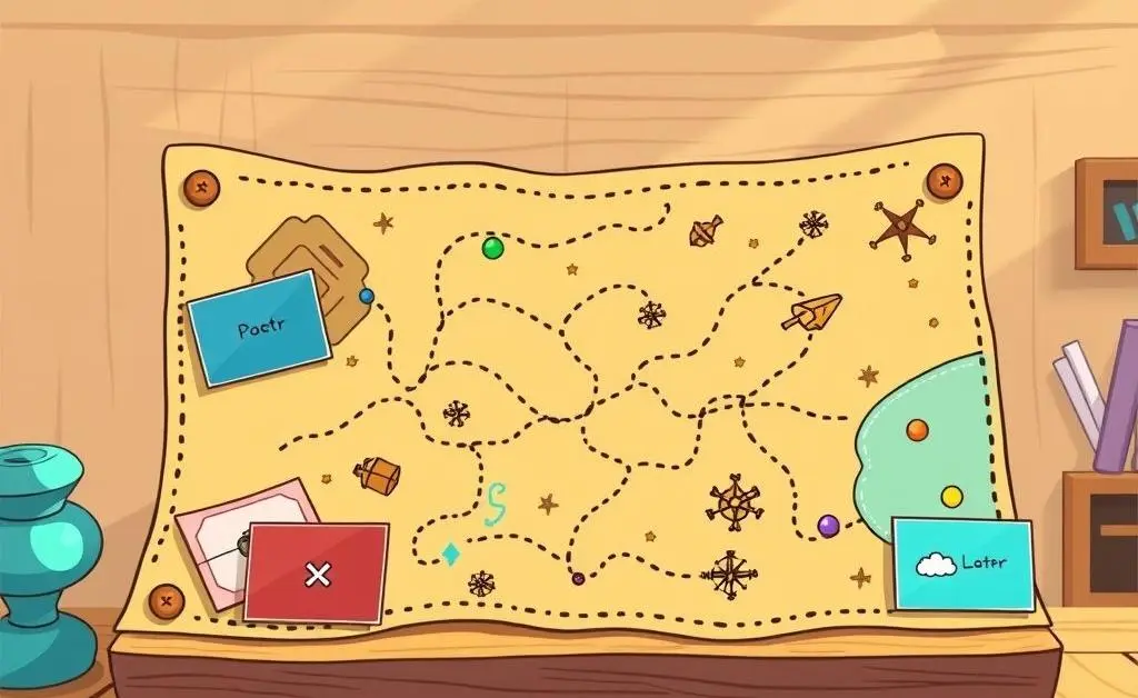 A cartoon illustration of a treasure map made from an arrangement of gift cards spread out on a wooden desk