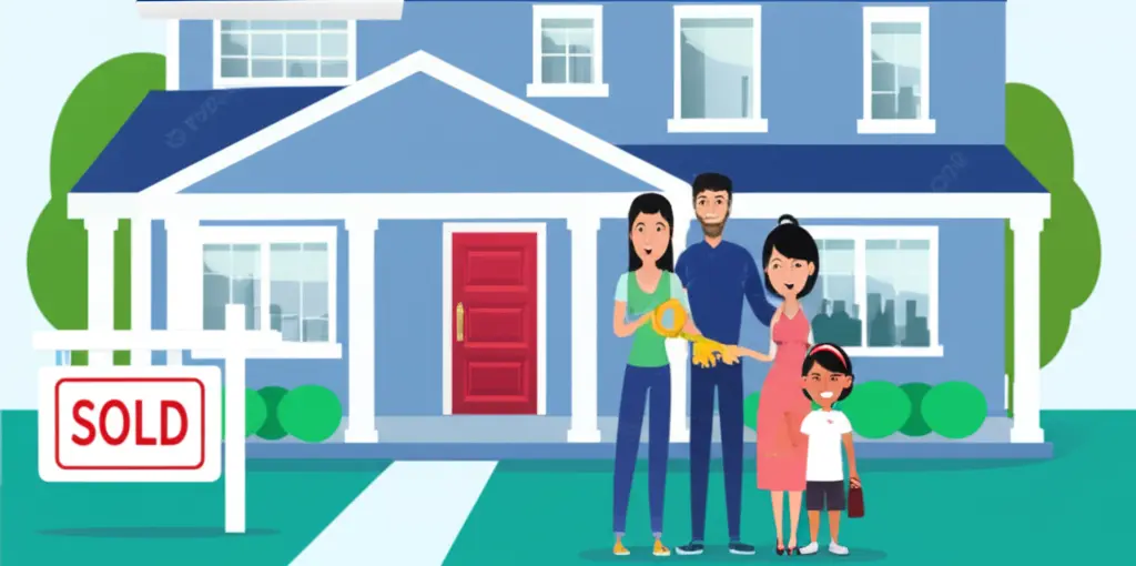 A family excitedly standing in front of their newly purchased home