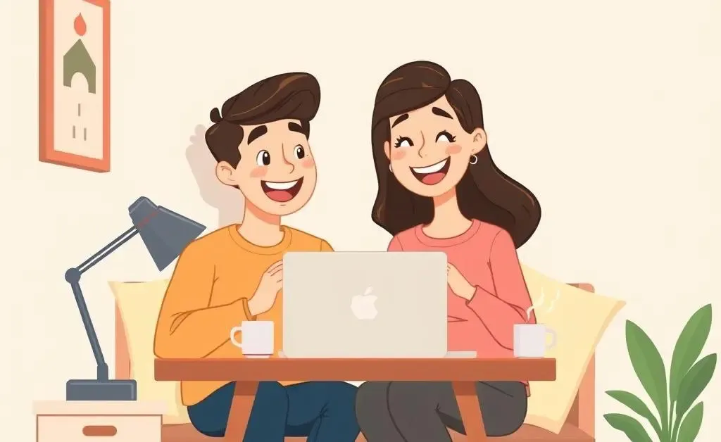 A cartoon image of a young couple at a desk researching home buying tips
