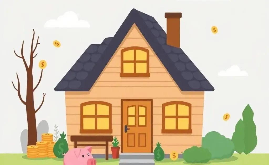 A cozy home with dollar signs and piggy banks scattered around