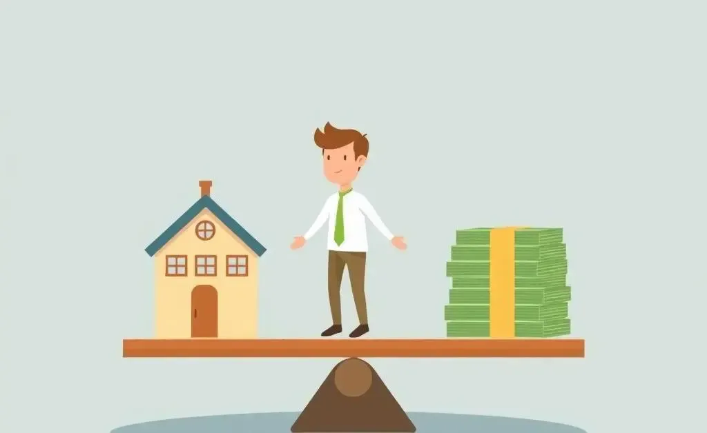 A person weighing a house against a stack of money on a seesaw