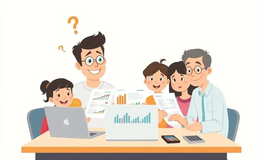 Family examining mortgage documents and calculator