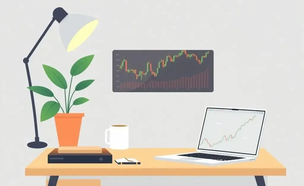 A cozy home office desk with a laptop showing a stock market chart