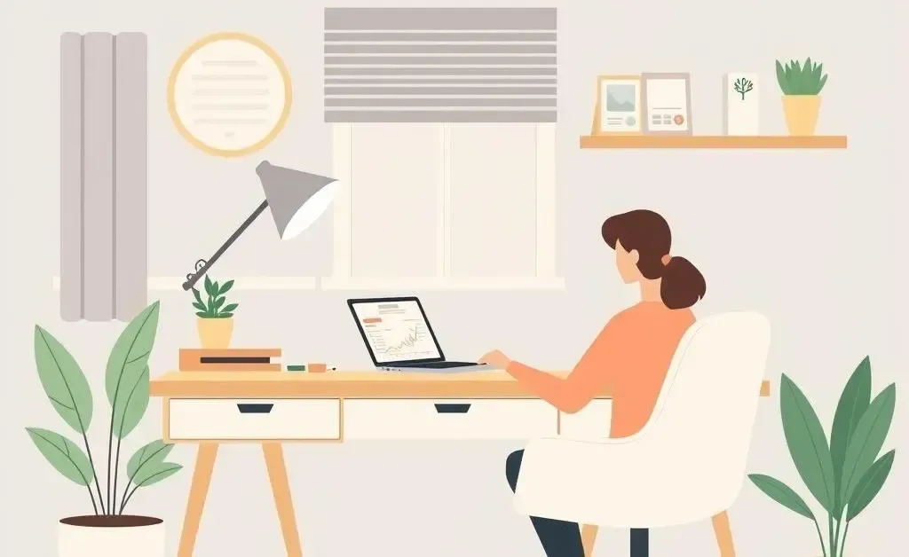 A cozy home office with a laptop displaying financial graphs.