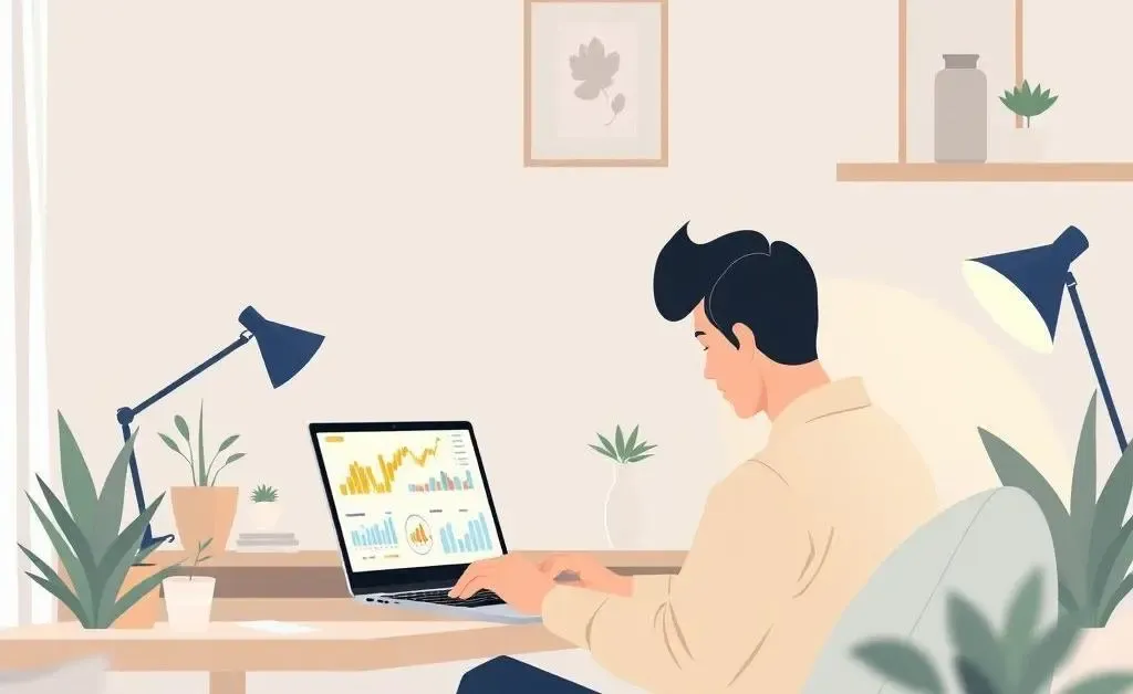A person reviewing financial charts on a laptop in a cozy home office.