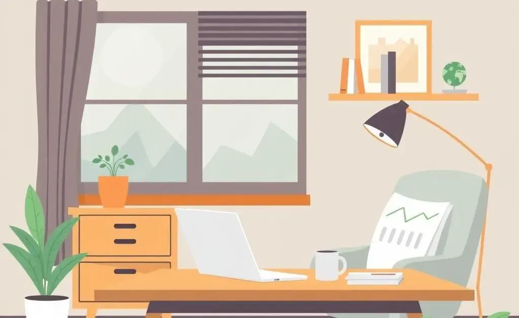 A warm, inviting home office setup for real estate investing research.