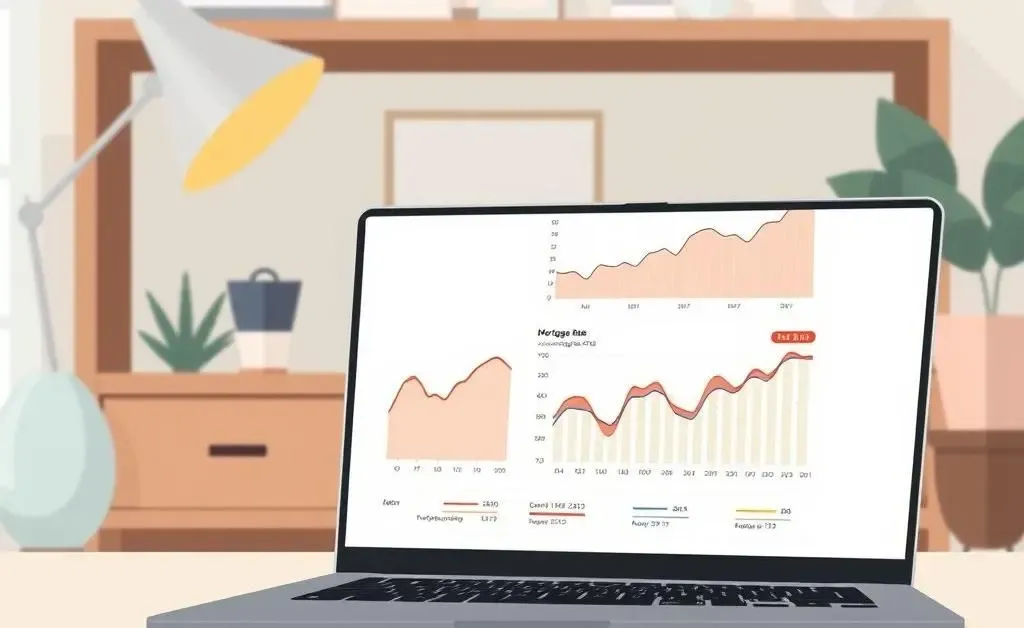 Laptop on a desk showing mortgage rate graphs in a cozy home office
