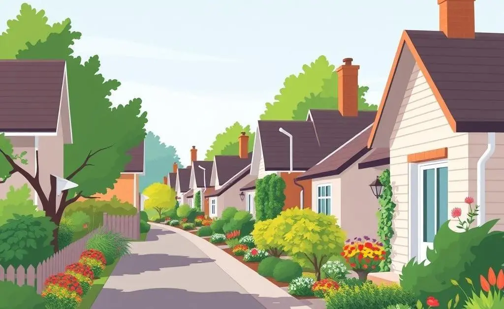 A peaceful suburban street with charming houses and green gardens.