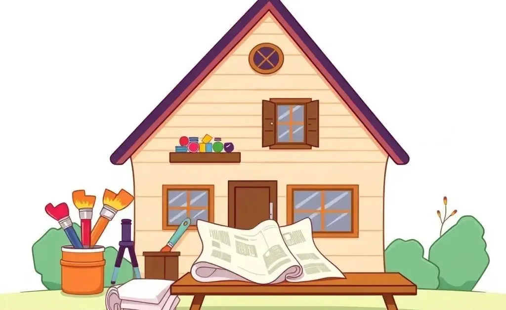 A house surrounded by renovation tools and financial symbols
