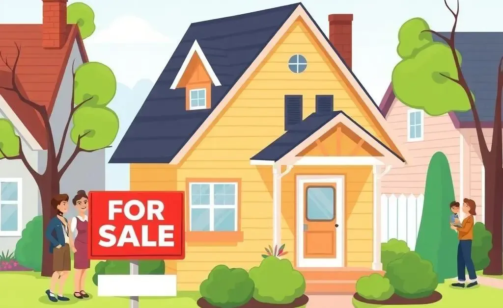 A cozy home with a 'For Sale' sign and chatting people