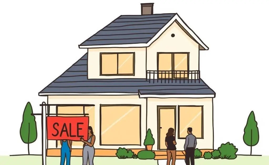 Cartoon style image of a family home with a 'For Sale' sign
