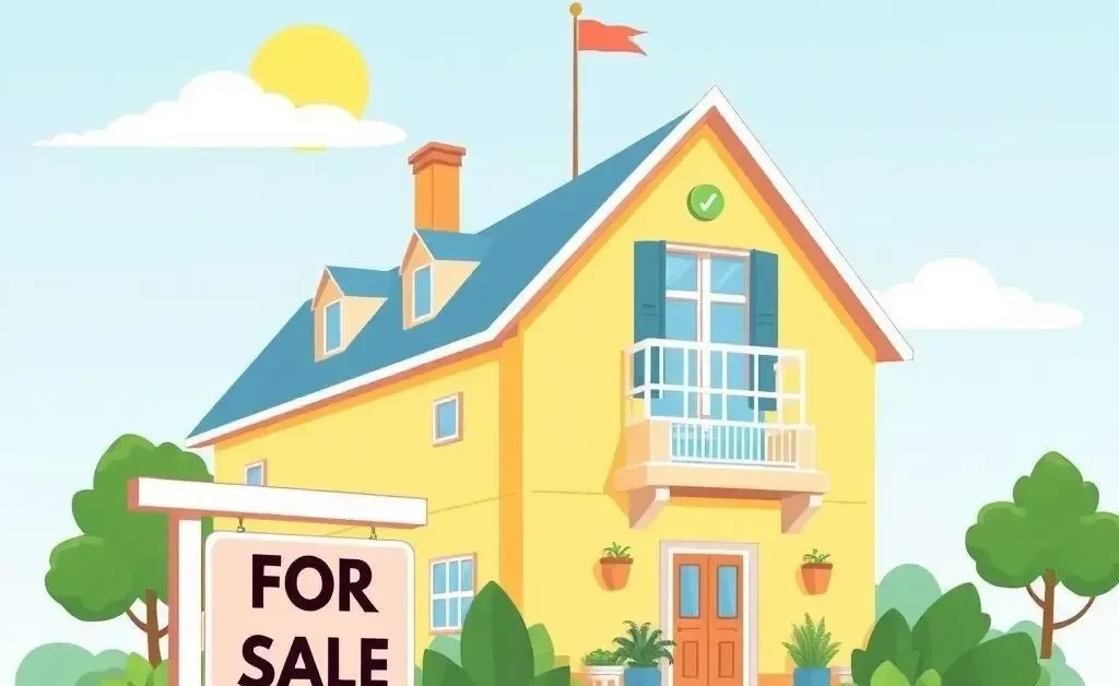 A cartoon-style hotel with 'For Sale' sign