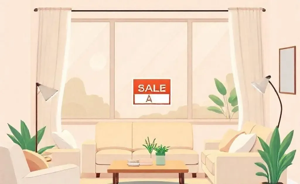 A cozy living room with a for-sale sign in the window