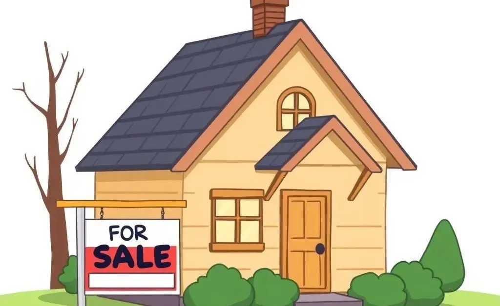 A cartoon drawing of a home with a ‘For Sale’ sign being taken down