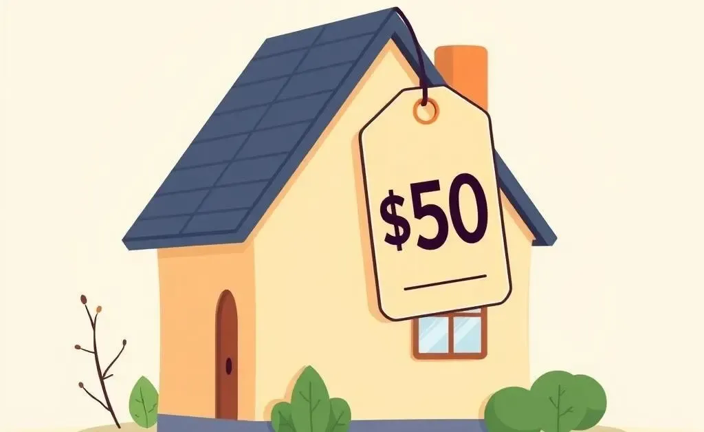 A cartoon house with an oversized price tag indicating high real estate costs