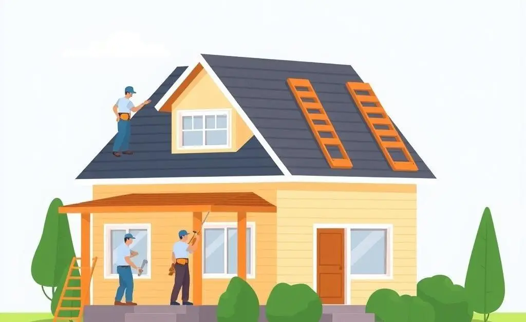 Cartoon illustration of a house with workers replacing the roof