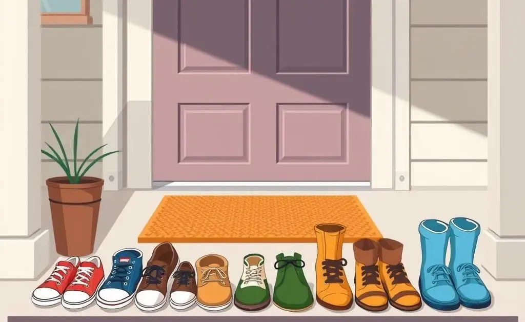 A doorstep with different shoes placed outside, symbolizing house rules.