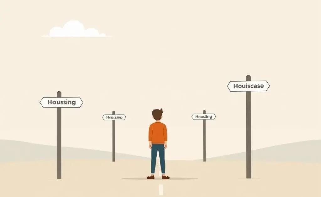 A cartoon depiction of a person at a crossroads with housing options.