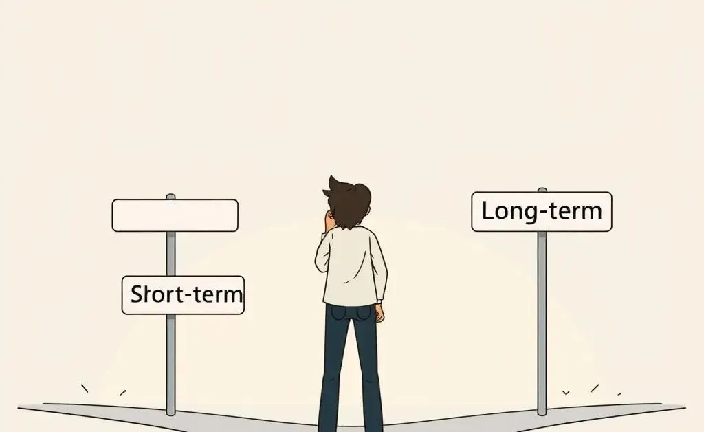 Person at a crossroads deciding between short-term and long-term strategies for their HSA
