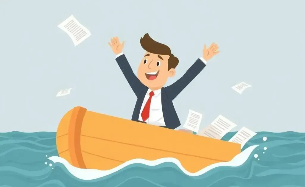 Cartoon image of an insurance agent sailing on paperwork.