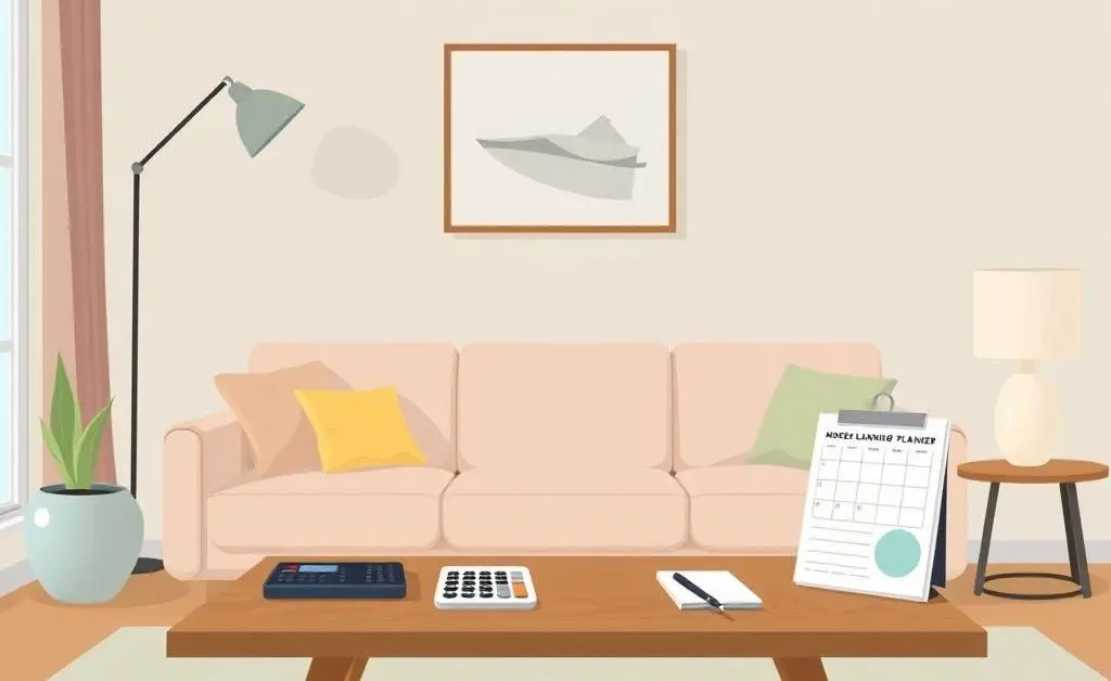 Living room scene with budget materials suggesting financial planning