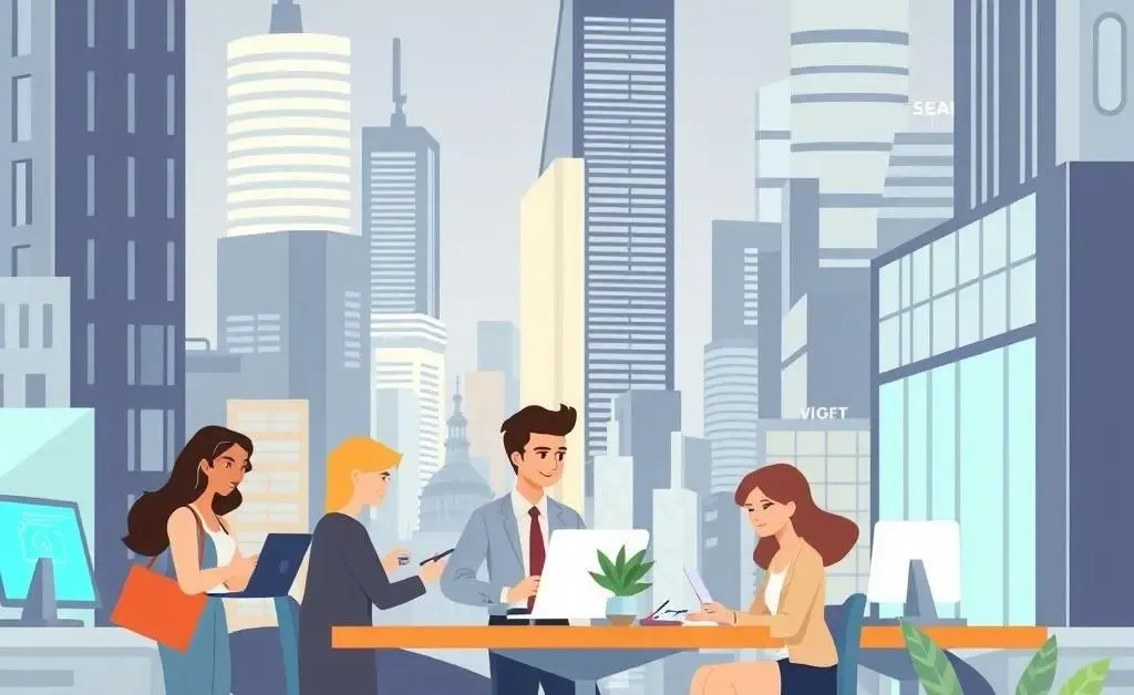 Futuristic financial district with diverse professionals