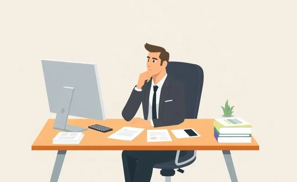 An insurance agent at their desk thoughtfully contemplating paperwork.