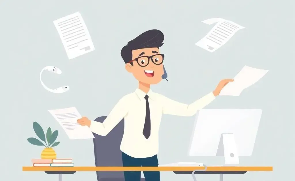 A cartoon illustration of an insurance agent juggling multiple tasks simultaneously
