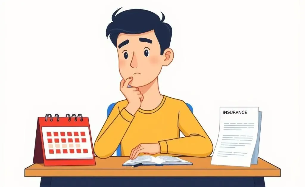 Person looking contemplative at a desk with a calendar and insurance document