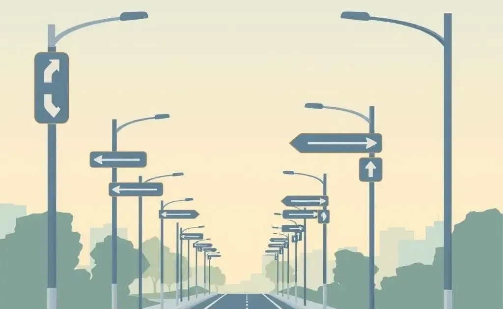 A serene street with road signs indicating guidance