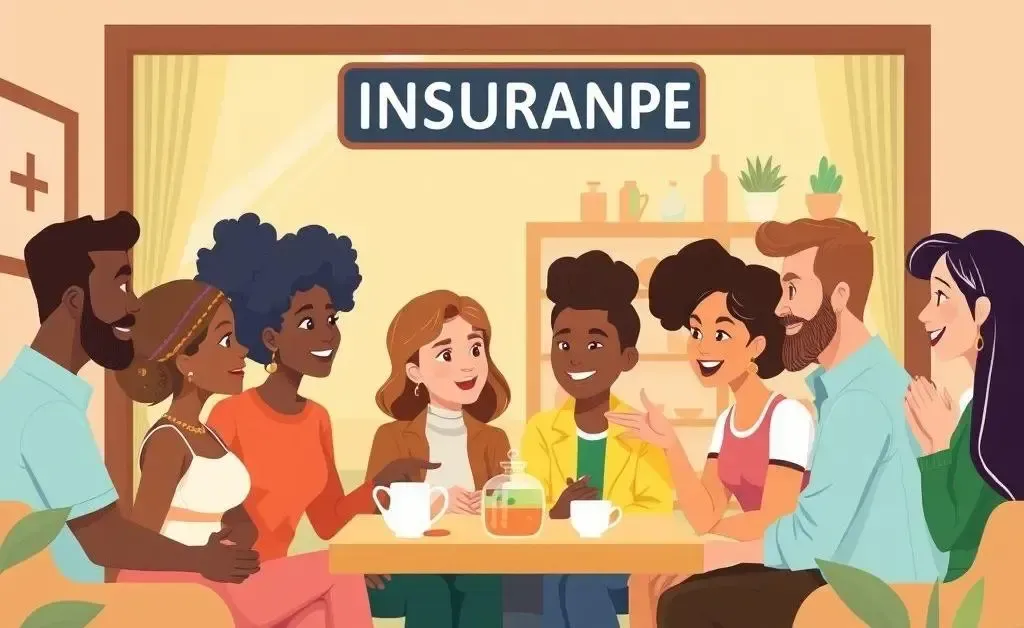 An illustration of people discussing insurance options over tea.