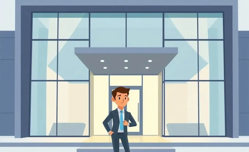A person confidently entering a modern office building for an interview.