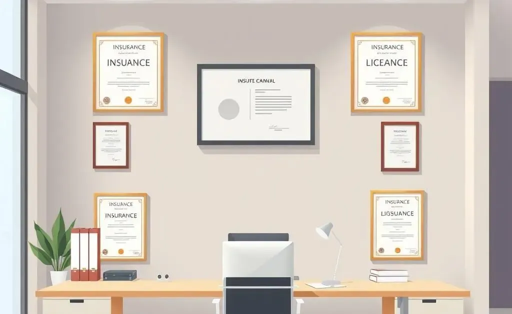 An office space with insurance licensure books and certificates