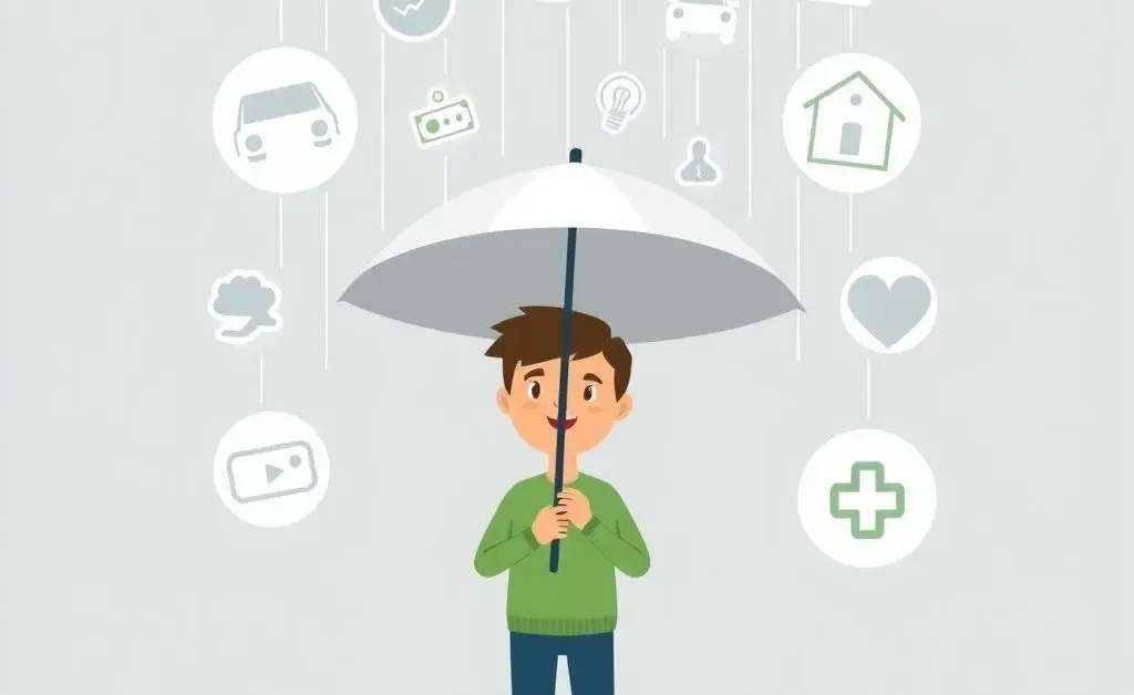A person holding an umbrella with insurance policy icons around them