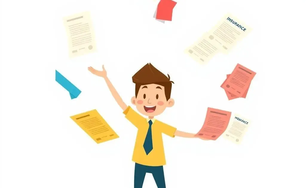 A person juggling various colorful insurance documents