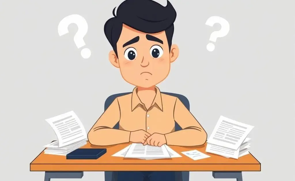 Person at a desk with insurance documents looking confused