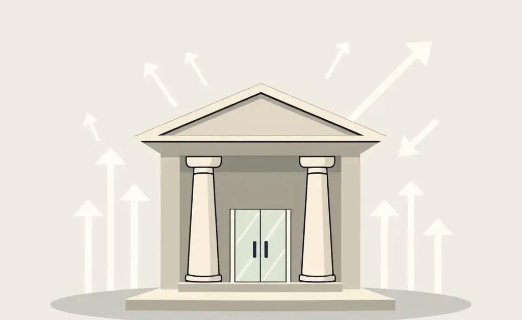 Illustrated bank with arrows showing interest rate changes