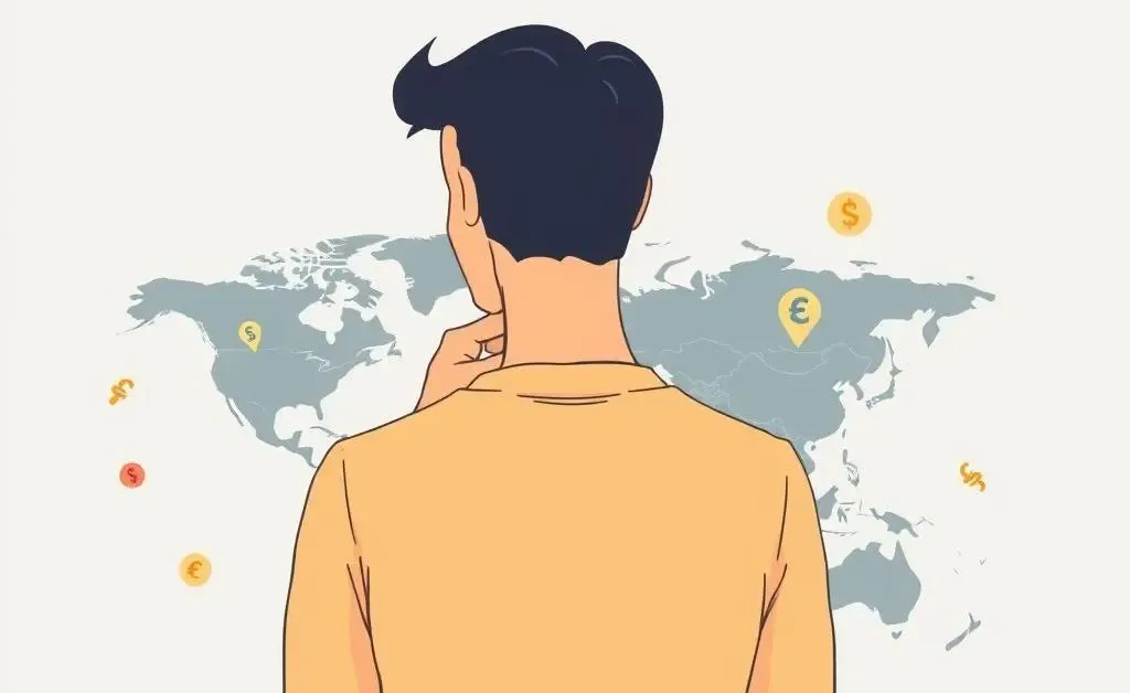 Person contemplating global money transfers with a map and currencies