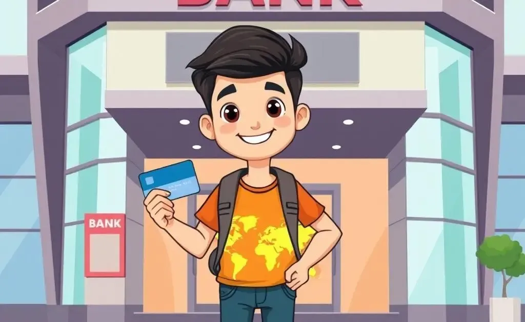 Cartoon illustration of an international student with a bank card outside a bank