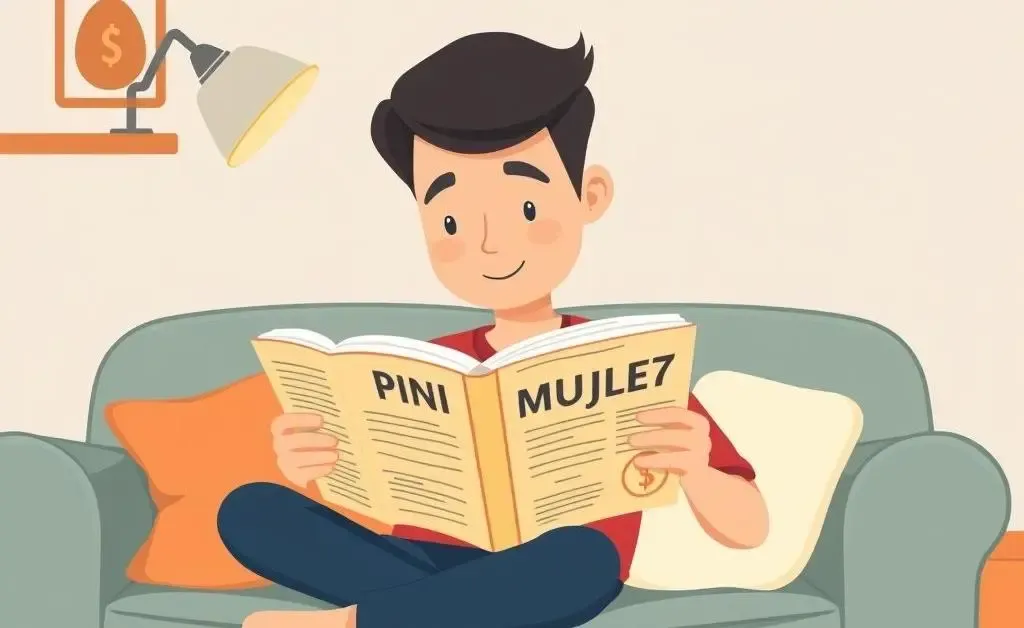 Illustration of a person reading a financial book on a couch