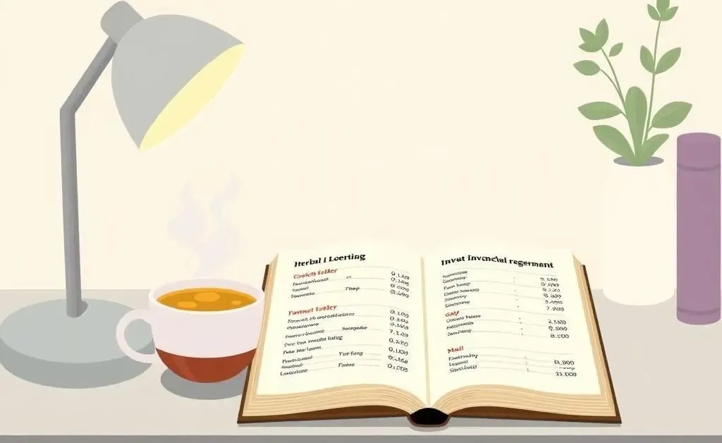 A cozy desk with an open investment book and a cup of tea