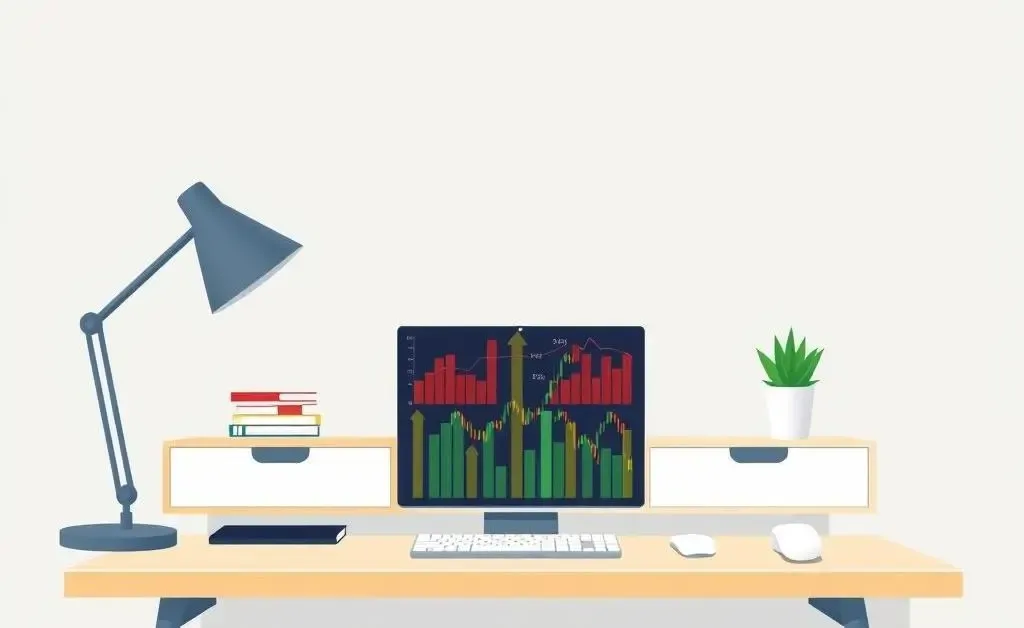 Office desk with a laptop displaying stock market graphs