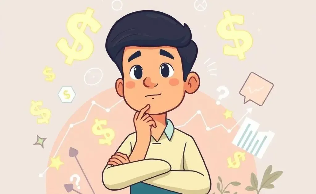 A cartoon person surrounded by financial symbols pondering investment strategies