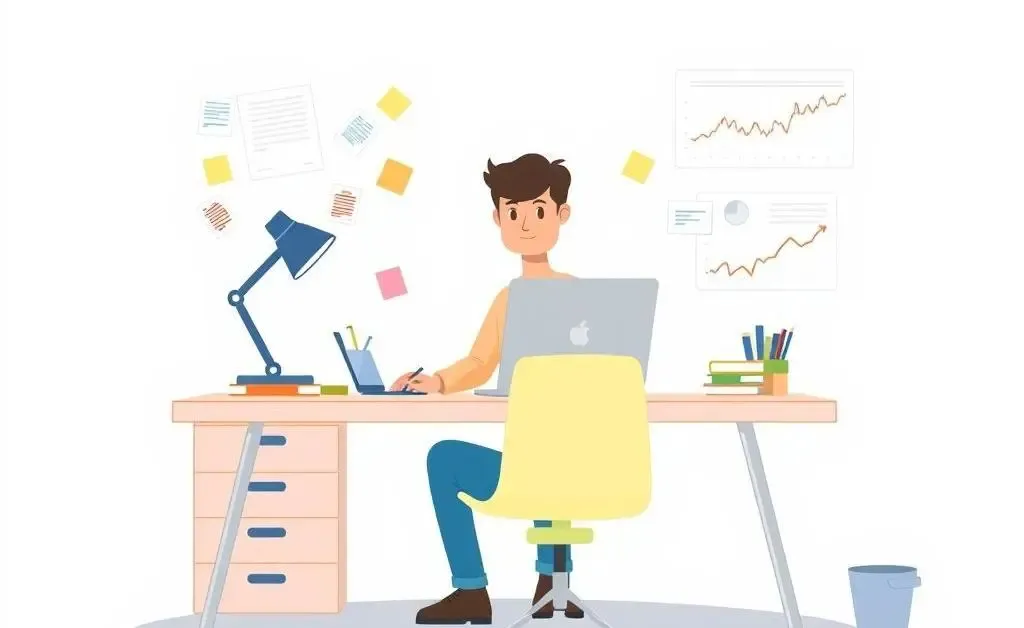 A person exploring investing options at a desk with a laptop and charts.