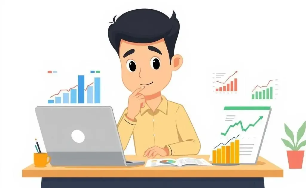 A person planning investments at a desk with financial charts and a laptop